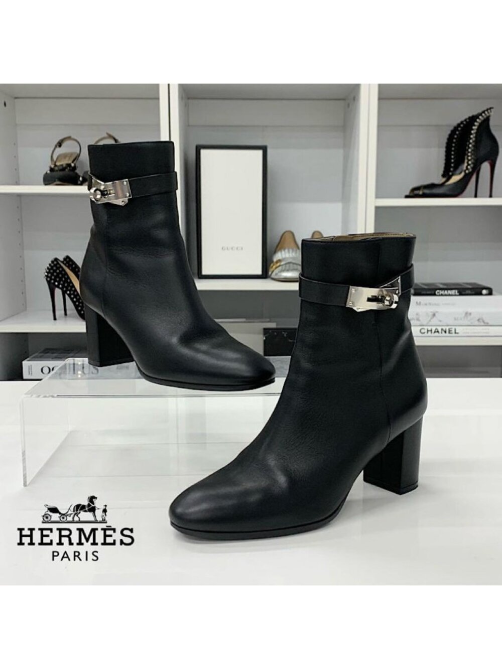 Hermes Saint Germain Kelly Leather Short Boots Black